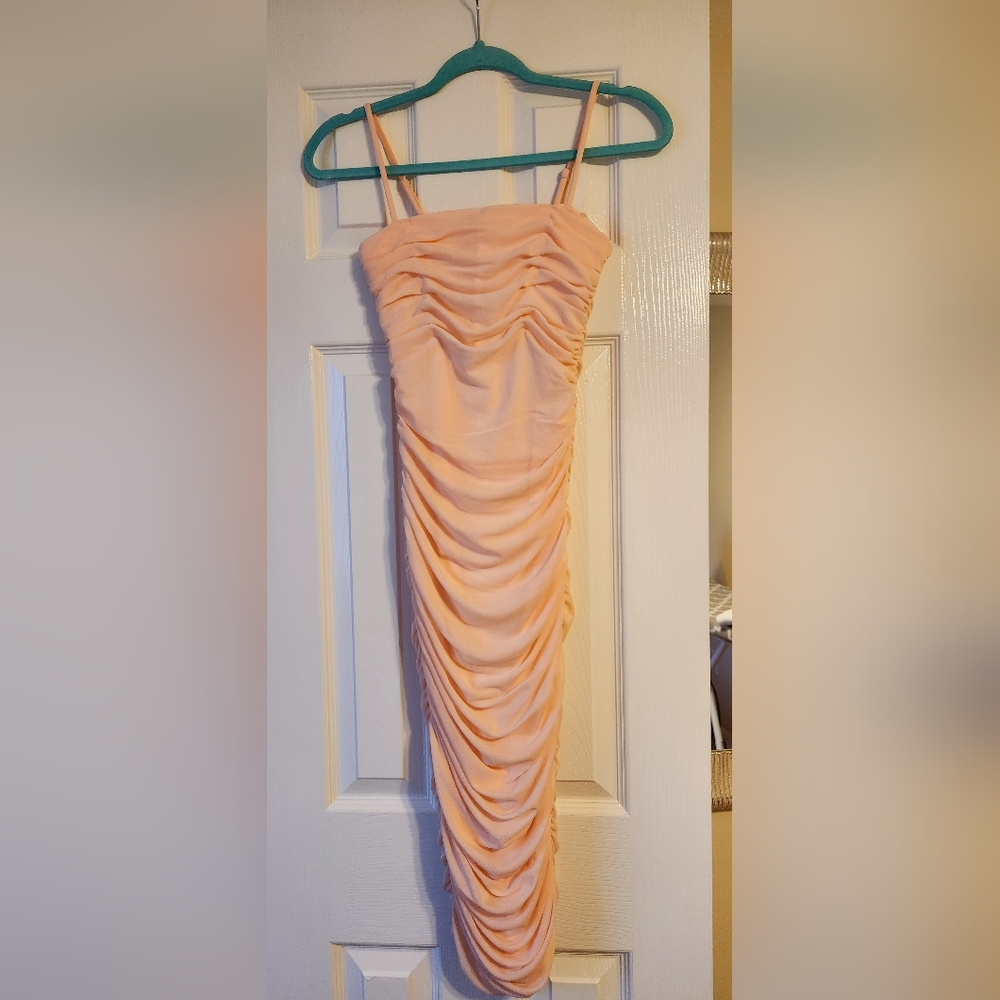 Peach Ruched Sleeve Dress